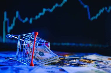 Bitcoinler ve Yeni Sanal Para Konsepti. Büyüyen bitcoinler. Avro ve dolar banknotları bulanık arkaplanda bitcoin çizelgeleri olan bir dizüstü bilgisayarda yatıyor..