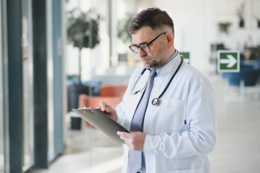 Beyaz önlüklü kıdemli doktorun portresi..