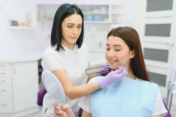 Image Pretty Young Woman Sitting Dental Chair Medical Center While — Foto de Stock