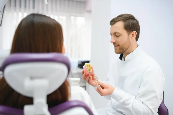Diş Hastalığının Teşhisi Tedavisi Doktor Hasta Bir Diş Örneği Gösteriyor — Stok fotoğraf