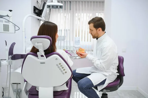 Lekarz Pokazuje Plastikowej Próbce Zęba Lub Modelu Różnych Metod Leczenia — Zdjęcie stockowe