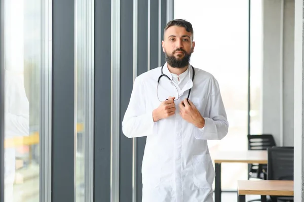 Portrait Pleasant Young Arabian Doctor White Coat — Stock Photo, Image