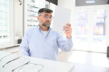 Yakışıklı son sınıf öğrencisi gözlük çerçevesini optik mağazada seçiyor.