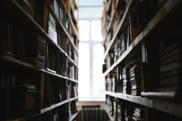 stock image Blurred background of shelf with many multicolored books.