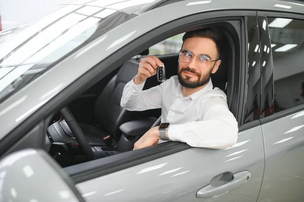 Happy Caucasian Man Formal Wear Getting Luxury Modern Car Testing — 图库照片
