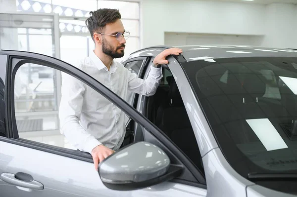 Happy Caucasian Man Formal Wear Getting Luxury Modern Car Testing — Stock Fotó