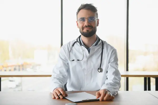 Doctor Man Sitting Desk His Working Place Perfect Medical Service — Stock Photo, Image