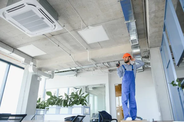 Hvac Engineer Install Heat Recovery Ventilation System New House Copy — Stock Photo, Image