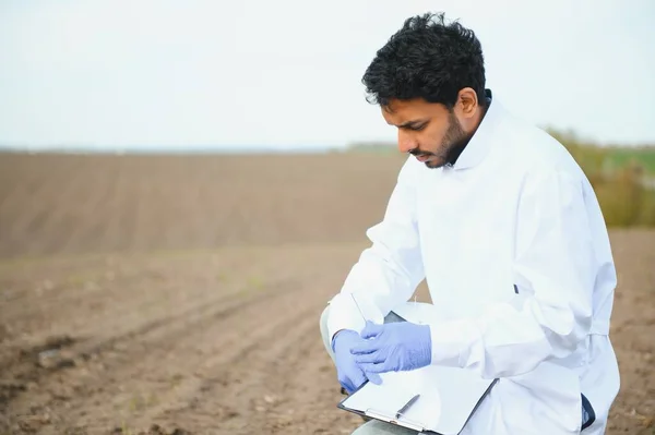 Test Půdy Indický Agronomista Dává Půdu Zahradní Lopatou Pytle Vzorky — Stock fotografie