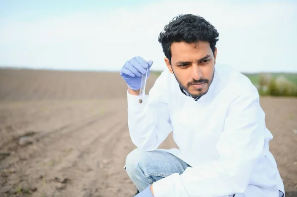 Soil Testing. Indian Agronomy Specialist taking soil sample for fertility analysis. Hands in gloves close up. Environmental protection, organic soil certification, field work, research.