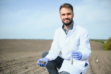 Agronomist tarladaki toprak örneklerini inceliyor.