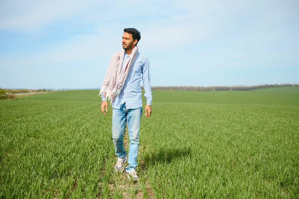 stock image Portrait of farmer standing in a wheat field. farmer stands in green wheat field, looks, examines his crop.