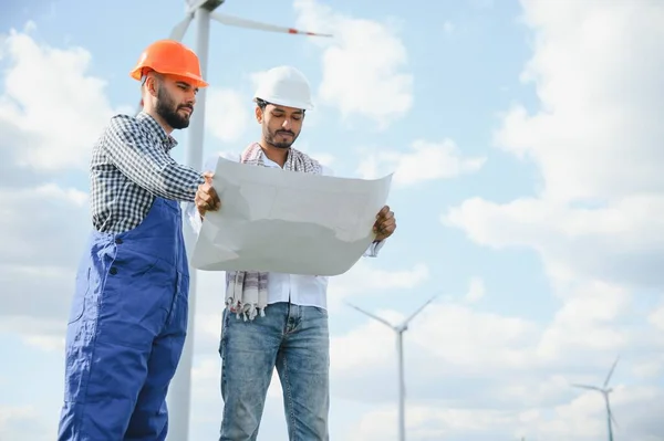 Dos Ingenieros Discuten Contra Turbinas Parque Eólico — Foto de Stock