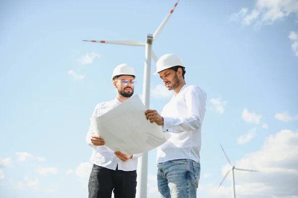 Dos Ingenieros Discuten Contra Turbinas Parque Eólico — Foto de Stock