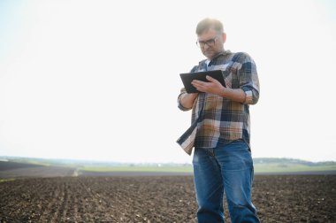 Bir çiftçi baharda ekilen bir tarlada çalışır. Sonbaharda tarlada sürülen tarlaları değerlendiren bir tarım uzmanı. Tarım. Akıllı tarım teknolojileri