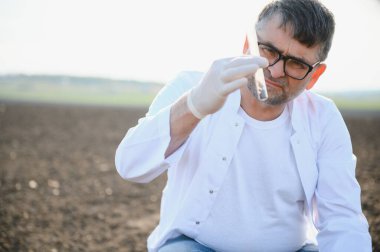 Toprak örneği. Agronomist toprak sondasıyla örnek alıyor. Çevre koruma, organik toprak sertifikası, araştırma.