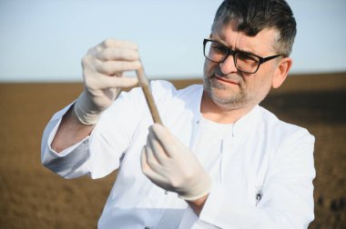 Çiftçi sahibinin tohum ekmeden önce toprak kalitesini kontrol ettiğine dair POV görüşü. Gelecekteki tarım kavramı