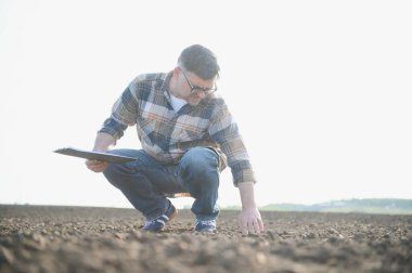 Bir çiftçi baharda ekilen bir tarlada çalışır. Sonbaharda tarlada sürülen tarlaları değerlendiren bir tarım uzmanı. Tarım. Akıllı tarım teknolojileri