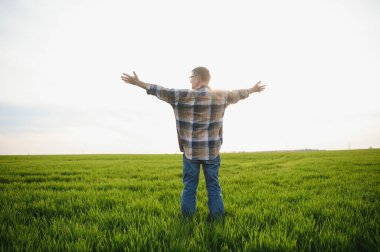 Portrait of senior farmer standing in wheat field examining crop during the day