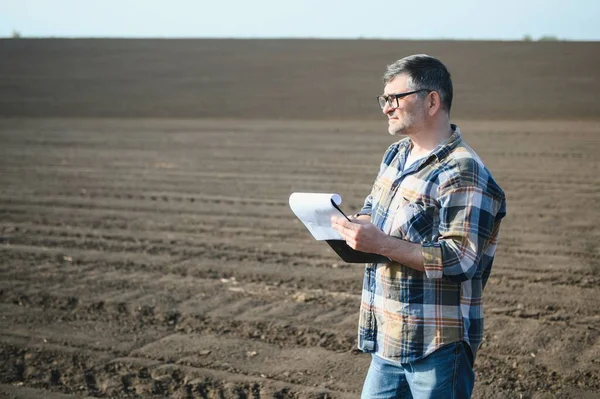 Bir Çiftçi Ekmeden Önce Toprağın Kalitesini Kontrol Eder — Stok fotoğraf