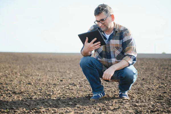 Landwirt Arbeitet Frühjahr Auf Dem Feld Mit Tablet Ein Älterer — Stockfoto