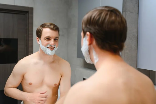Mature Handsome Man Shaving Front Mirror — Stock Photo, Image