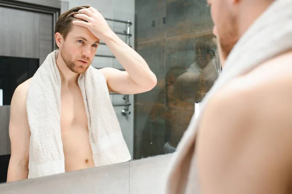Young Caucasian Man Look Mirror Skincare Facial Routine Shower Home — Stock Photo, Image
