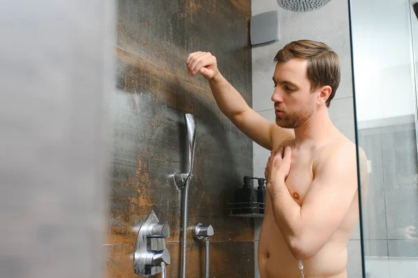 Handsoome Man Taking Shower Modern Bathroom — Stock Photo, Image