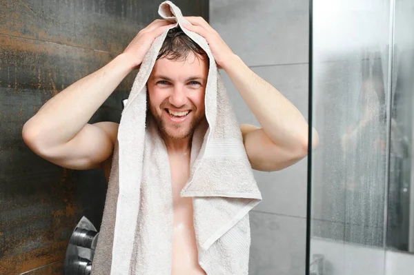 Man Wet Hair Hold Towel Shower Morning Washing Wake Everyday — Stock Photo, Image