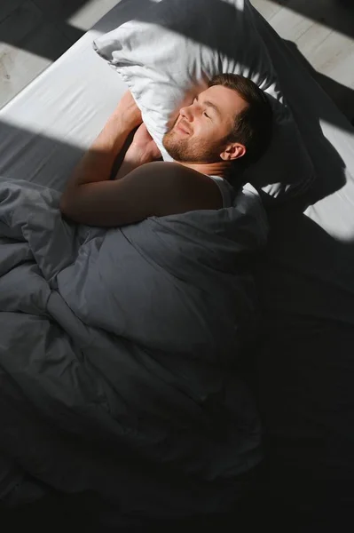 Cute Young Man Sleeping Bed — Stock Photo, Image