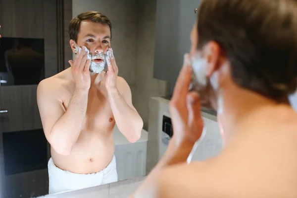 Half Done Handsome Youthful Topless Man Applying Mean Shaving His — Stock Photo, Image