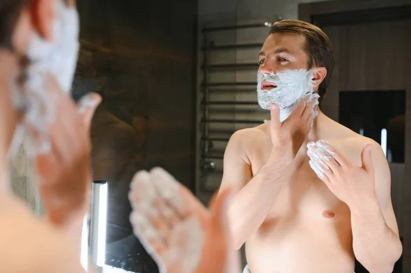 Shaving Cream Morning Hygiene Procedures Grooming Treatment Handsome Cheerful Shirtless — Stock Photo, Image