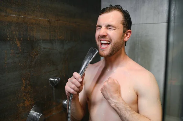 Handsome Man Singing While Taking Shower Home — Stock Photo, Image
