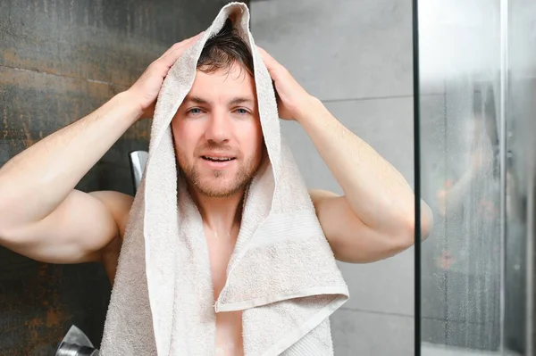 Young Man Wipes Himself Towel Shower — Stock Photo, Image
