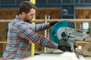 Professional Carpenter man authentic Handcraft Wood worker. Joiner or furniture builder home diy projects maker male