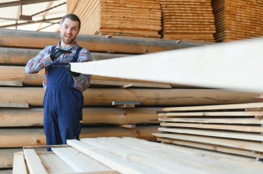 İnşaatçının elinde tahta kalaslar var. Konsept - kereste satışı. İnşaatçı ahşap tahtaları düşünüyor. Tahta işleme işi. Tahta kereste yığını.