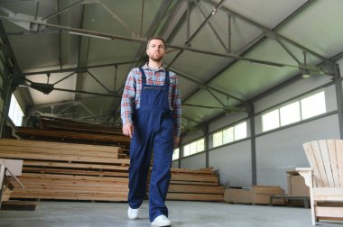 Marangoz, marangozluk atölyesindeki mobilyalar için tahta seçiyor..