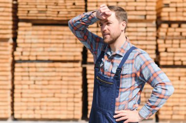 Üniformalı marangoz kereste fabrikasının tahtalarını kontrol ediyor..