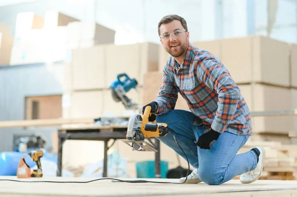 Professional Carpenter Man Authentic Handcraft Wood Worker Joiner Furniture Builder — Fotografia de Stock