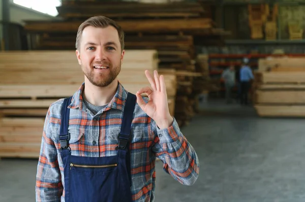 Young Man Carpenter Wooden Warehouse Copy Space Text — Stock Photo, Image