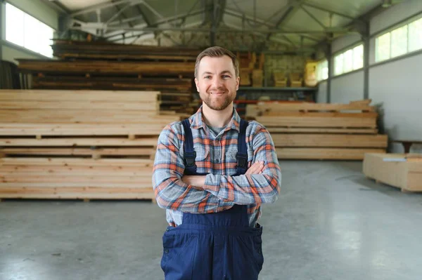 Carpenter in the wood warehouse selects plank for furniture making in the carpentry workshop.