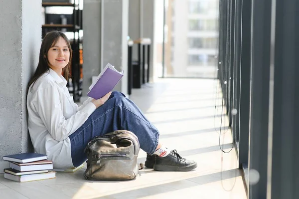 Educational Concept Modern Girl Student Sits Floor Reading Joyfully Book — Stock Photo, Image