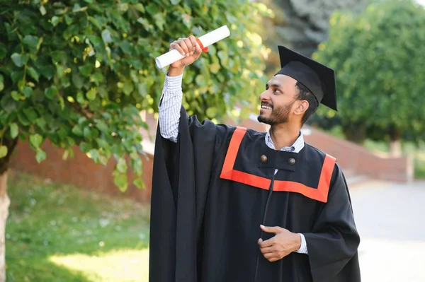 Portrait Indian Handsome Male Graduate Graduation Robe — Stock Photo, Image