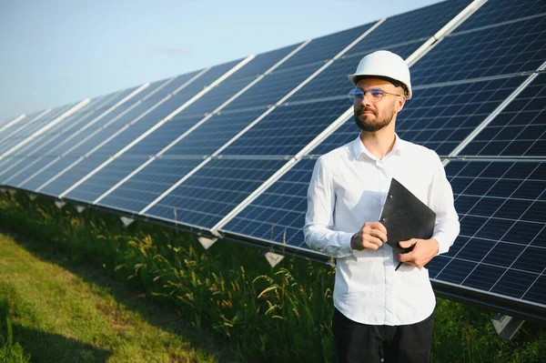 Solar Power Plant Engineer Background Photovoltaic Panels Science Solar Energy — Stok fotoğraf