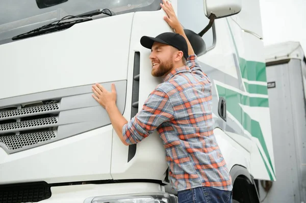 Man Trucker Hugging His Truck — Stock Photo, Image