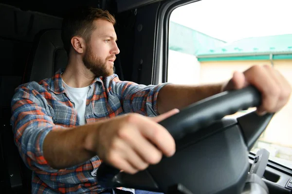 Side view of professional driver behind the wheel in truck\'s cabin