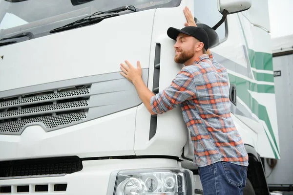 Man Trucker Hugging His Truck — Stock Photo, Image