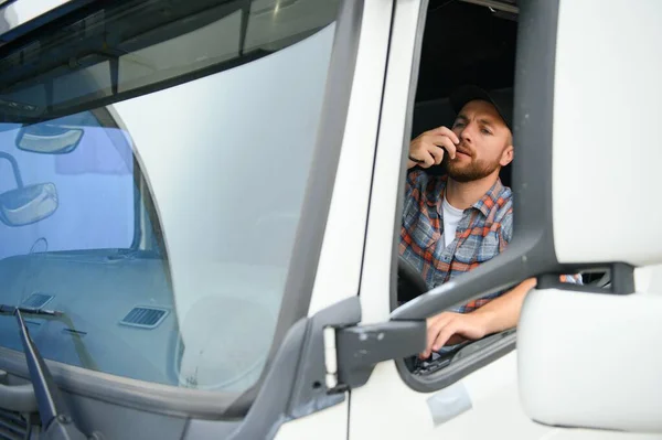 Man Trucker Driving Cabin His Truck Talking Radio Transmitter — Stock Photo, Image