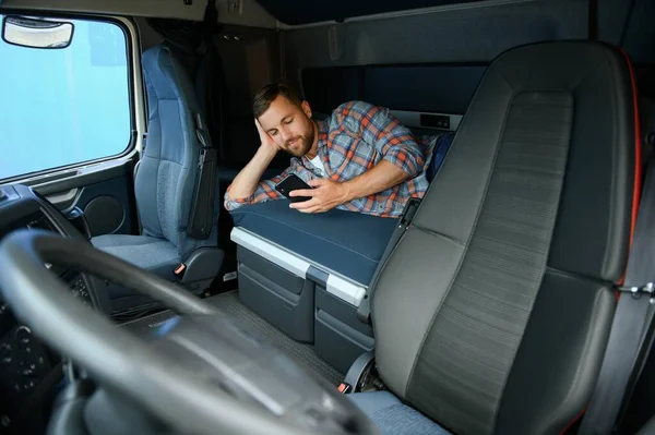 Truck Driver Lying Bed His Truck Cabin Driver Seat Holding Stock Image