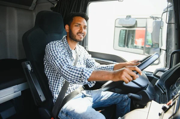 Happy professional truck driver driving his truck. Copy space